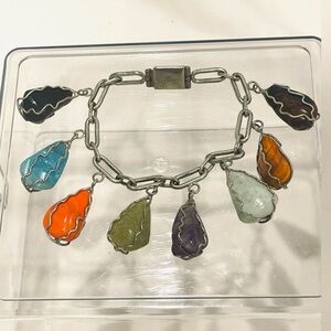 Vintage Multi Gemstone Sterling Silver Twisted Wire Bracelet. Natural Stones.